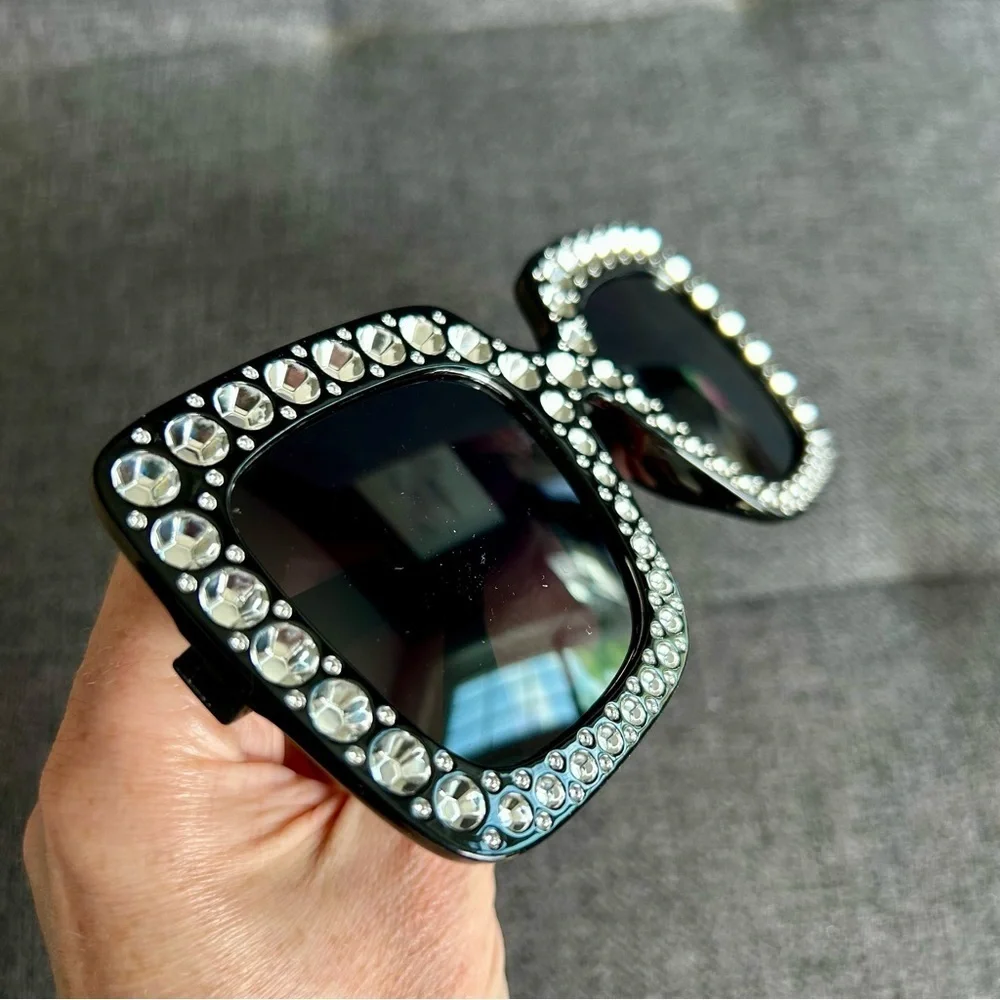 Sparkly, Fluted Rhinestone Rimmed Sunglasses, Black, Silver